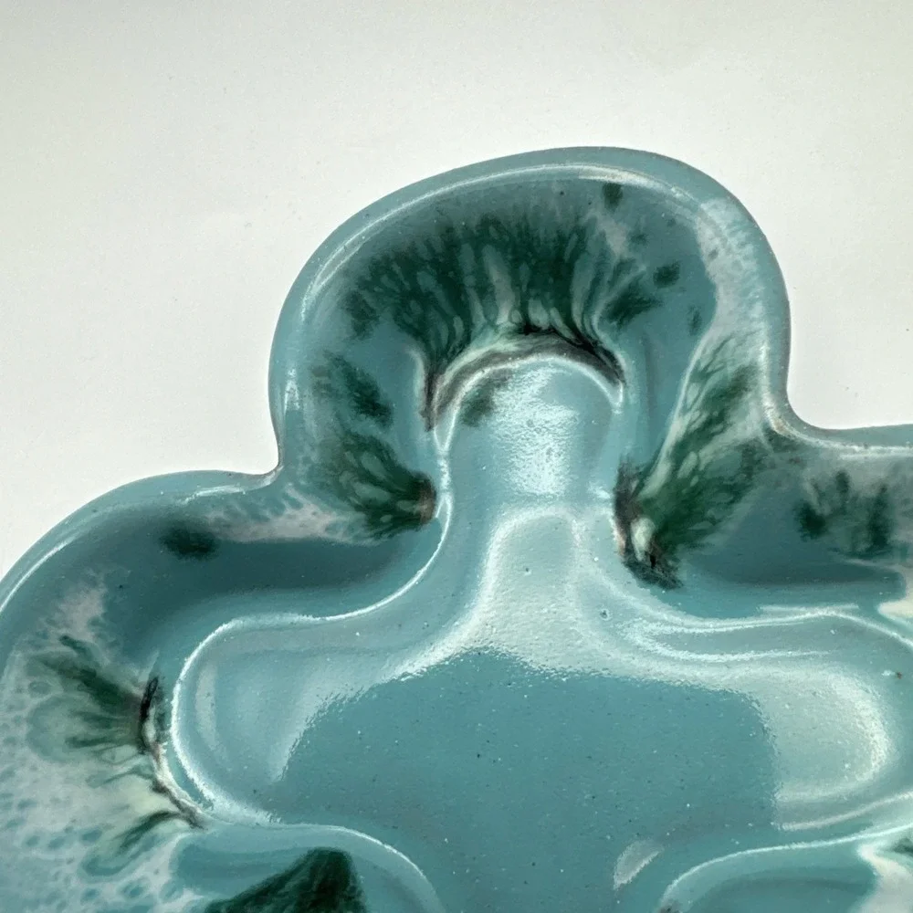 Mid Century Clover Shaped‎ Ceramic Trinket Dish Studio Pottery Turquoise Glaze